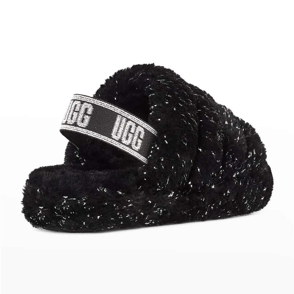 UGG Black and White Fluffy Slippers